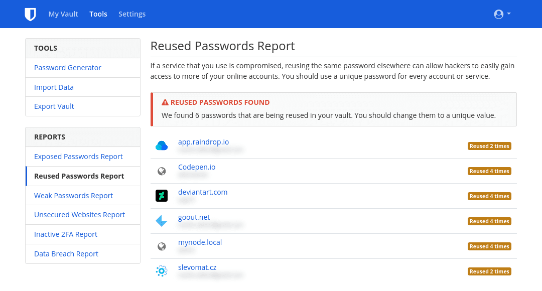 Bitwarden's Reused Passwords Report in action